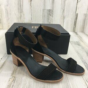 Frye Brielle Scallop Back Zip Size 10 M With Box Heeled Sandal Black Suede Tan